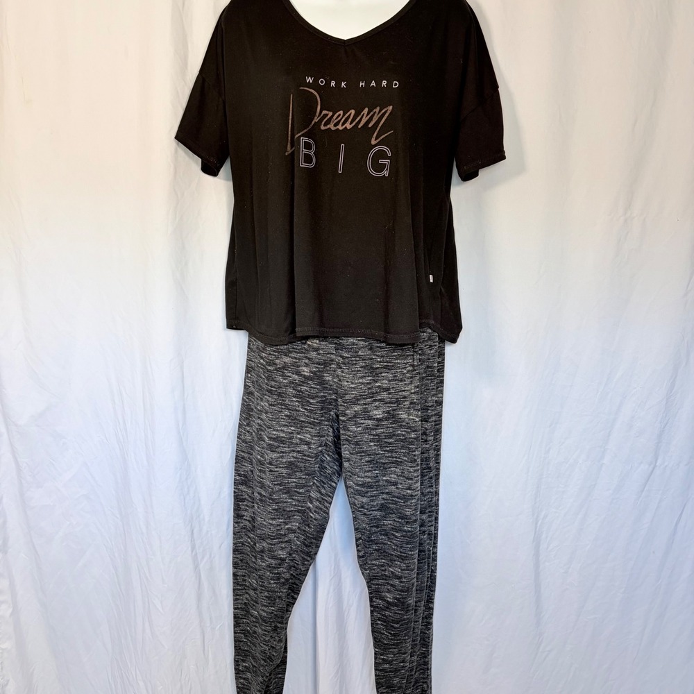 Danskin Pajama‎ Set Work Hard Dream Big Graphic Top Space Dye Joggers Black XL